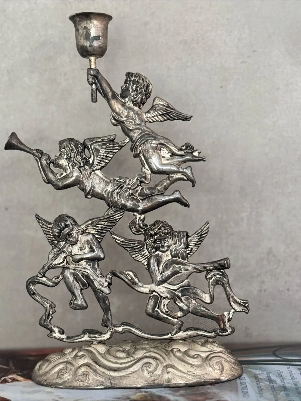 Vintage Cherub Angel Candle Holder Silverplate Italy Style